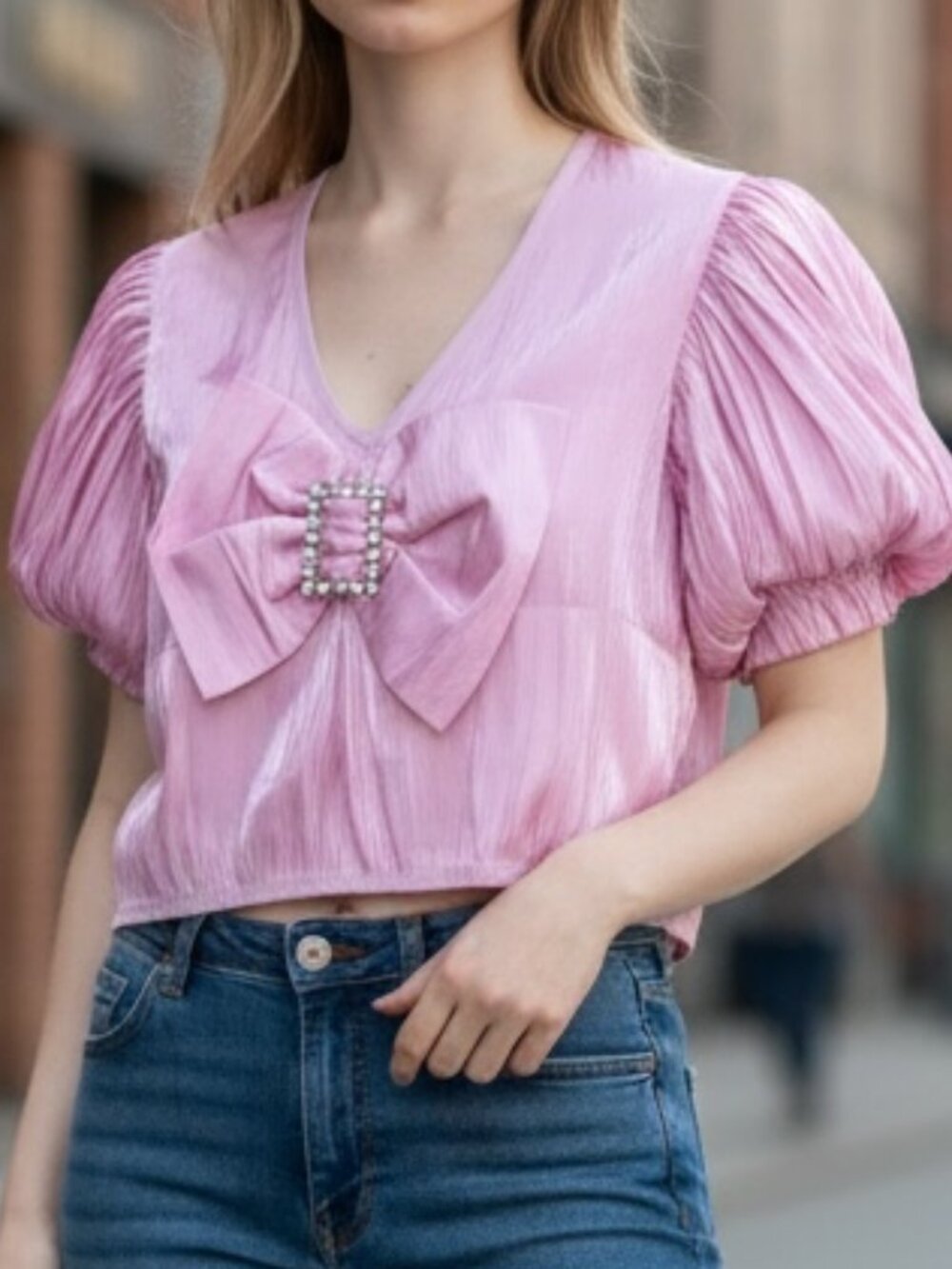 La' Ros Pink Pleated Rhinestone Bow Puff Sleeve Blouse Women's size M
